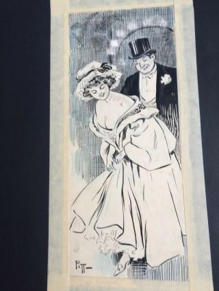 French Art Nouveau Drawing,  Lovers,  C 1910 4.  25 By 10.  5 Pen Area