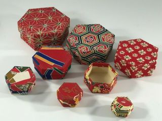 Vintage Japanese Nesting Boxes - 8 Nested Hexagon Paper Boxes Hand Crafted Japan