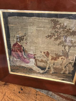 Antique Victorian 18th Century Tapestry Sampler Boy With His Dogs