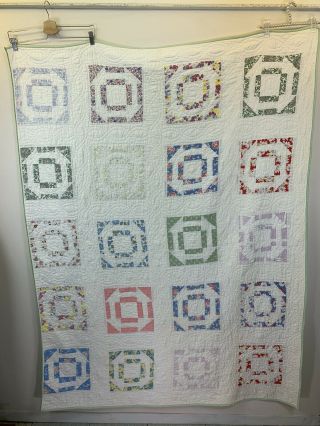 Vtg Handmade Hand Stitched Lap Quilt Blanket Patchwork Green Edging