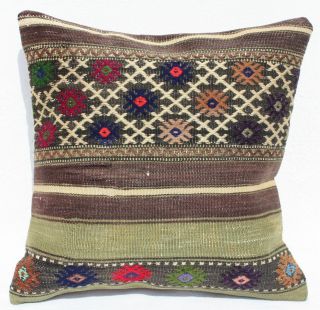 Turkish Kilim Rug Pillow Cushion Cover Hand Woven Wool 16 " X 16 "