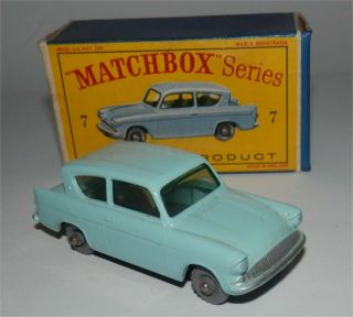 Grey Plastic Wheels.  1960s Matchbox.  Lesney.  7 Ford Anglia, .  In D Box.