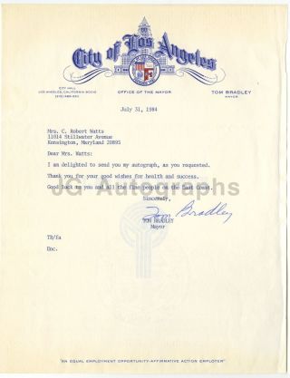 Tom Bradley - 38th Mayor Of Los Angeles - Signed Letter,  1984