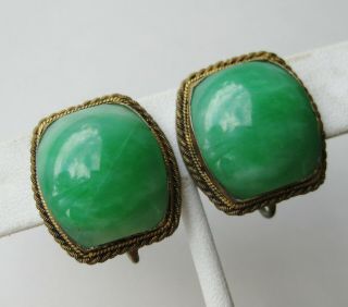 Fine Old Chinese Carved Apple Green Jade Sterling Silver Screwback Vtg Earrings