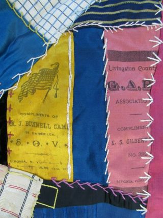 Antique Victorian Crazy Quilt Top,  Rare Ribbons,  Gar,  Firemen,  1890,  Livonia,  Ny