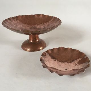2 X Antique Arts & Crafts Hammered Copper Circular Trinket/pin/bon Bon Dishes