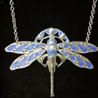 Stunning Art Nouveau Solid Silver & Enamel Dragonfly Pendant & Chain Hand Made