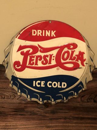Vintage 1930s Pepsi Cola Soda Pop Bottle Cap Gas Station 13” Embossed Metal Sign
