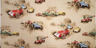Vintage Barkcloth Fabric 1950s Formula One Race Cars Auto Racing House & Home