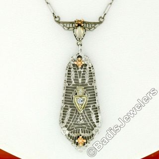 Antique Art Deco 14k Gold Old Diamond Milgrain Filigree Floral Pendant Necklace