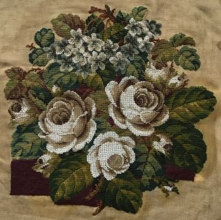 Antique Victorian Beadwork,  Beaded And Needlepoint Picture,  Panel.  Roses