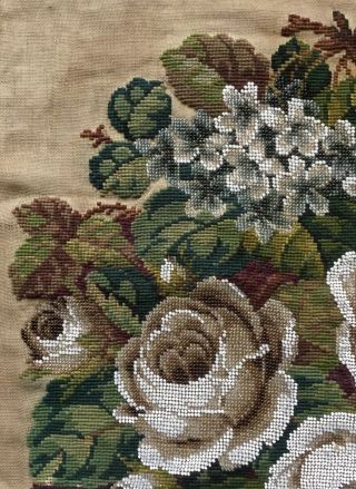 ANTIQUE VICTORIAN BEADWORK,  BEADED AND NEEDLEPOINT PICTURE,  PANEL.  ROSES 3