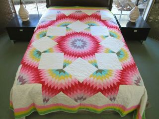 Impressive Vintage Beautifully Hand Quilted Bursting Star Quilt,  94 " Sq; Queen