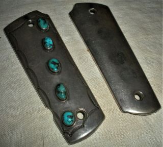 Antique C.  1940s World War 2 Navajo Sterling Silver & Turquoise Pistol Grips Vafo