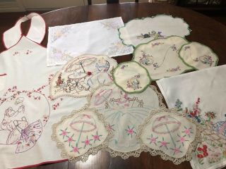 Vintage Crinoline Lady / Women Embroidered Linen Items Tablecloths,  Doileys,  Apron