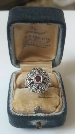 50’s Vintage Antique Palladium Ruby Diamond Filigree Engagement Ring Size 6