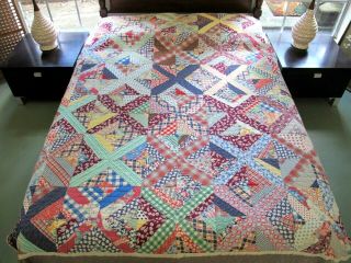 Vintage All Feed Sack Hand Sewn X Pattern String Quilt,  80 " X 67 " ; Good