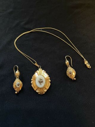 14k Gold Vintage Art Deco Necklace & Earrings 11.  6g
