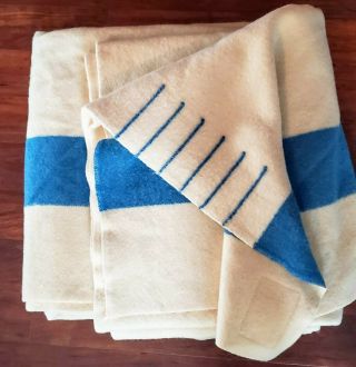 Vintage Hudson Bay Wool Queen Blanket 6 Point Striped Cream Blue Hudson 