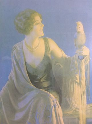 Unusual 1930 ' s Art Deco Framed Print By Gene Pressler - Lady With Bird 3