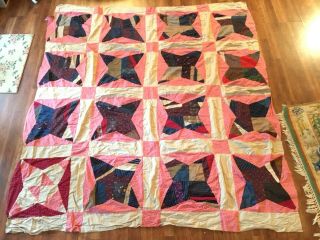 Vintage Antique 4 - Point Crazy Star Quilt Top Neat Old Antique Material 71x77