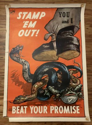 Wwii Ww2 War Propaganda Poster - Stamp Em Out - Hitler Tojo Mussolini Anti Axis