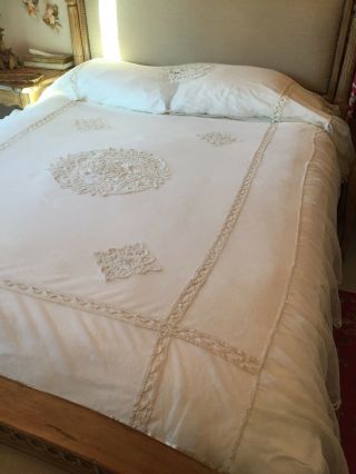 Antique Coverlet French Lace Cotton Netting Bedspread W/ Pillow Cover