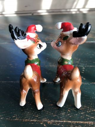 Vtg Kreiss Reindeer Salt & Pepper Shakers Christmas Japan w Santa Stocking Hats 3