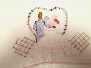 2 Vintage White Pillowcases Hand Embroidered Bride And Groom Wedding 25.  5 X 17 "