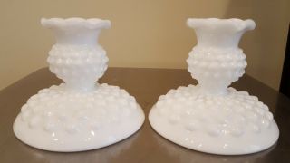Set Of 2 Unmarked White Milk Glass Hobnail Taper Candle Holders