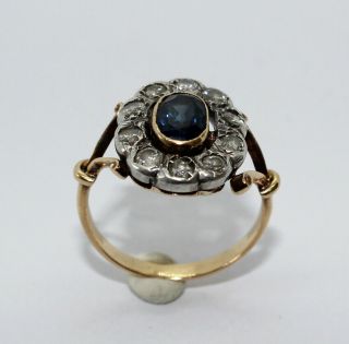 Vintage 18k Yellow Gold & 925 Silver Ring 7/4mm Sapphire 10 Old Diamonds N 1/2