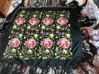 Large Antique Asian Embroidered Silk Piano Shawl Table Cover Floral Fringing