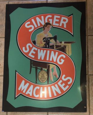 Vintage Large Singer Sewing Machine Advertising Sign Tin
