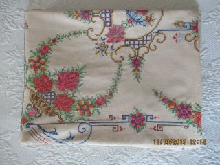 Vintage Ecru Cross Stitch Hand Embroidered Tablecloth 64x82 "