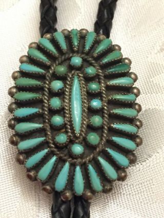 Zuni Vintage Sterling Silver 925 Turquoise Needlepoint Bolo Tie Signed J Wallace