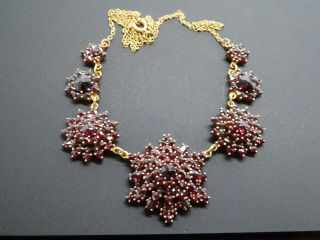 Vintage Bohemian Rose Cut Garnet Silver Gilt 7 Cluster Linked Chain Necklace 18 "