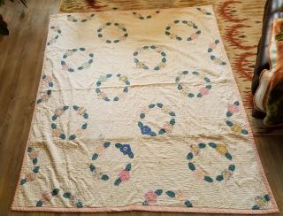 Vintage Handmade Quilt W/ Applied Floral Circular Design & Pink Back 68 1/2 X 79