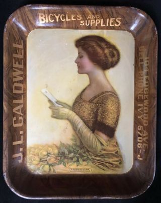 Rare 1913 Antique J.  L.  Caldwell Bicycle & Supplies Tip Tray By Am.  Art