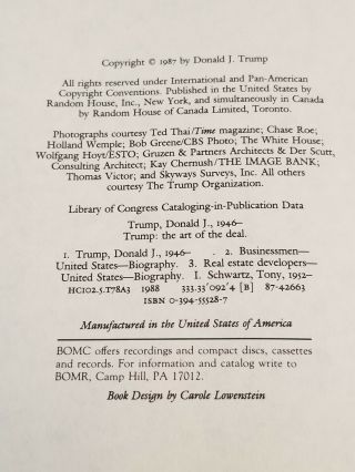 Donald Trump: THE ART OF THE DEAL 1987 1st Edition Book of the Month Printing 3