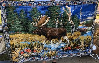 Vintage Plush Velvet Tapestry Carpet Wall Hanging Moose 72 1/2 In X 49in