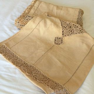 Vtg Bedspread Coverlet Crochet Lace Pillow Cover British Khaki Twin Boho Chic