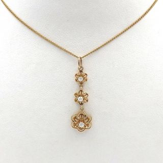 Victorian 10k Gold Old Mine Cut Diamond Flowers Dangle Charm Pendant Necklace