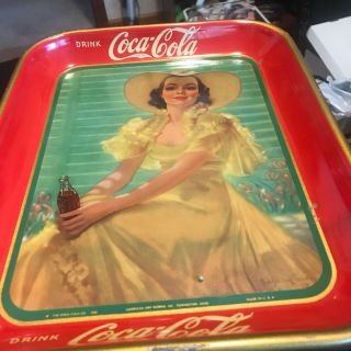 Vintage 1938 Coca Cola Metal Serving Tray Girl In Yellow Hat