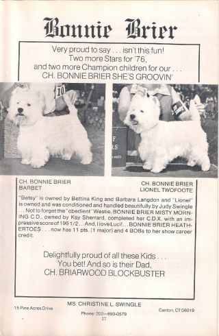 West Highland White Westie Terrier 1975 Ch Bonnie Brier Vintage Rare Ad Print