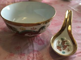 Vintage Hand Painted Chinese Soup Bowl And Spoon With Dragon And Gold Paint