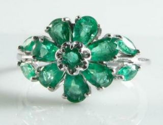 Class 9k 9ct White Gold Emerald Art Deco Ins Flower Cluster Ring