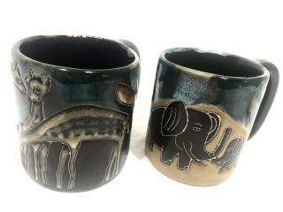 2 Design By Mara Mexico Large Pottery Mugs Giraffes & Elephants
