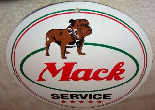 Vintage " Mack Truck Service " 11 3/4 " Porcelain Metal Gasoline & Oil Sign Bulldog