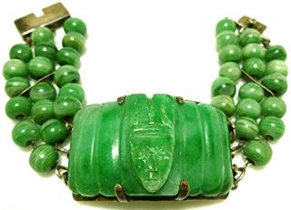 Mexico Sterling Silver Carved Green Onyx Mask Face Bead Souvenir Bracelet Heavy