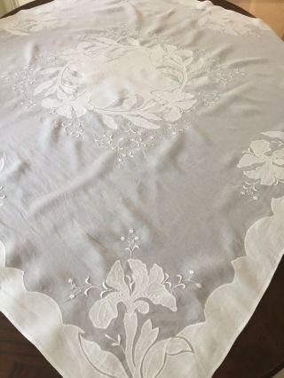 Vintage Madeira Organdy Embroidered Tablecloth Bright White Floral Applique